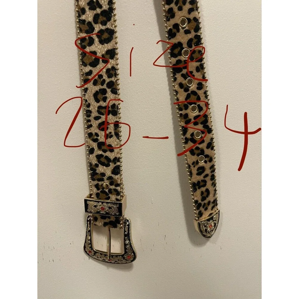 Vintage Style Gold Crystal Studded Leopard Western Leather Cowboy Belt Sz 26-34”